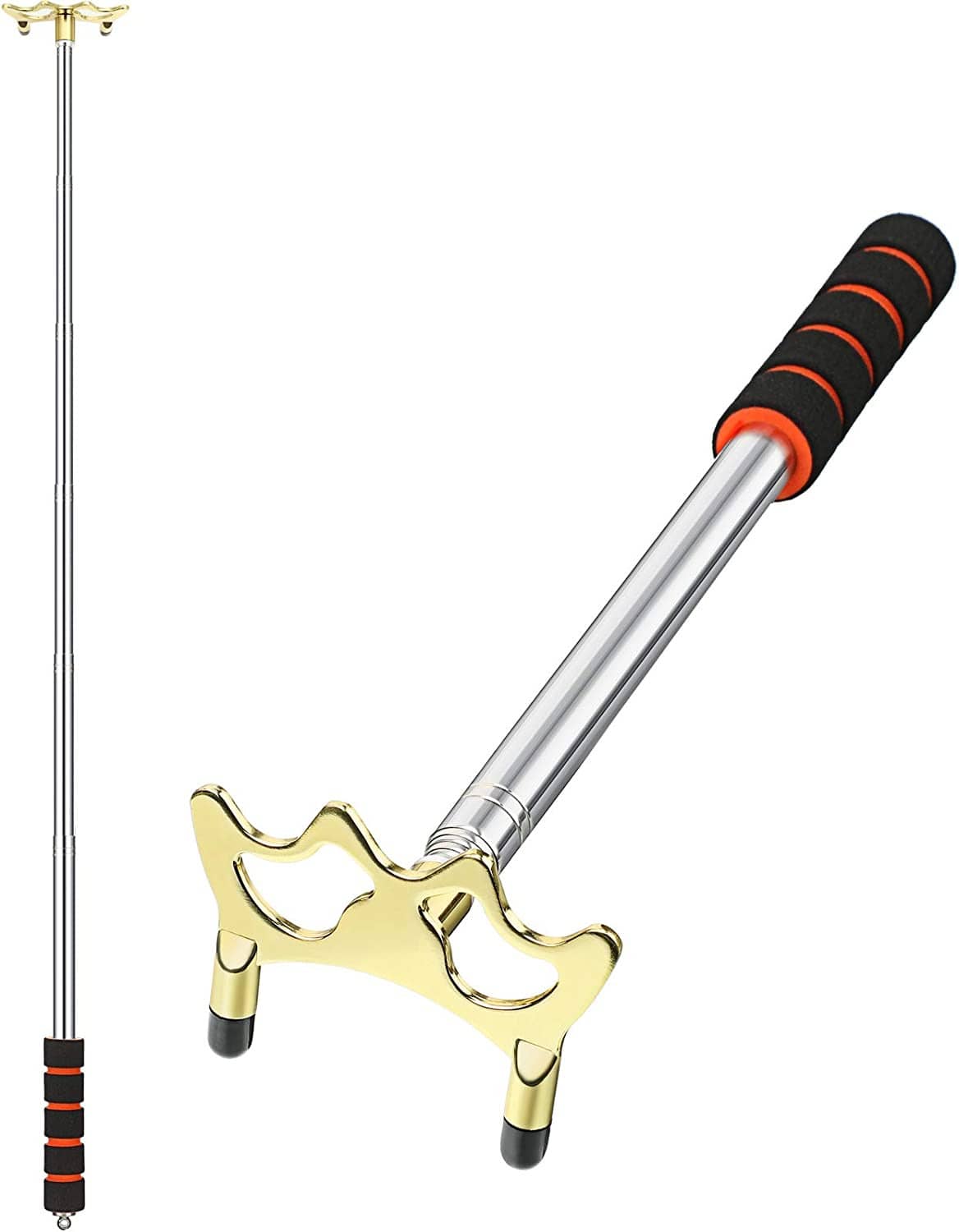 Retractable pool bridge stick with brass head, silver telescoping shaft, and black grip