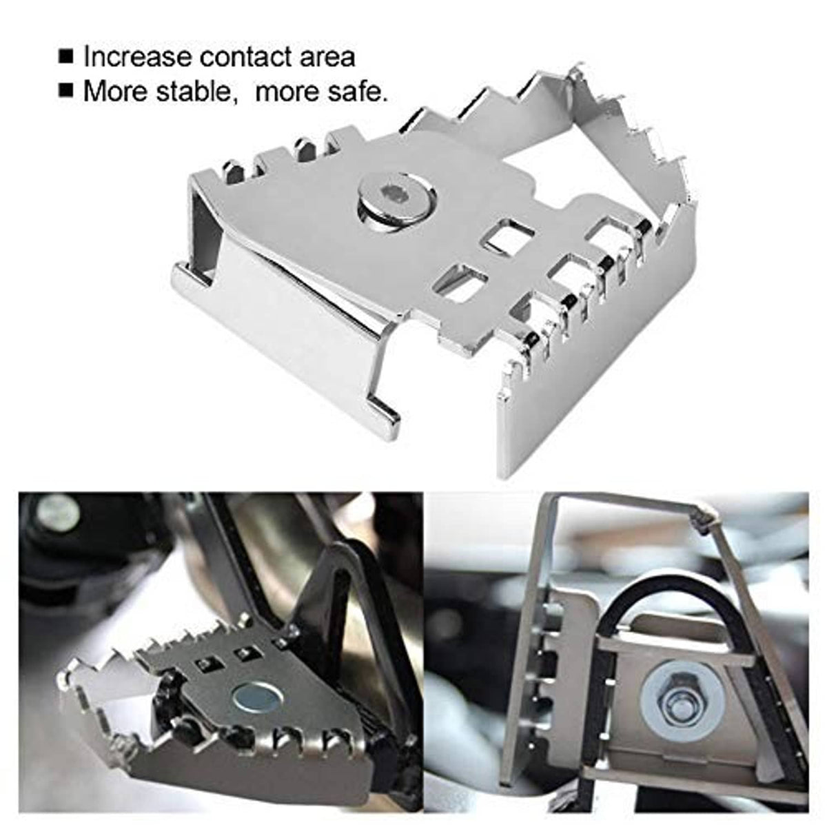 Stainless steel rear brake lever extension base with serrated contact teeth and side tabs