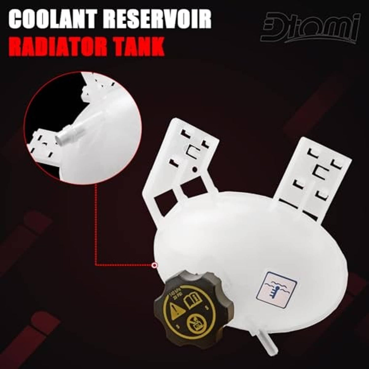 White coolant reservoir radiator tank with dark cap, outlet, and connector points