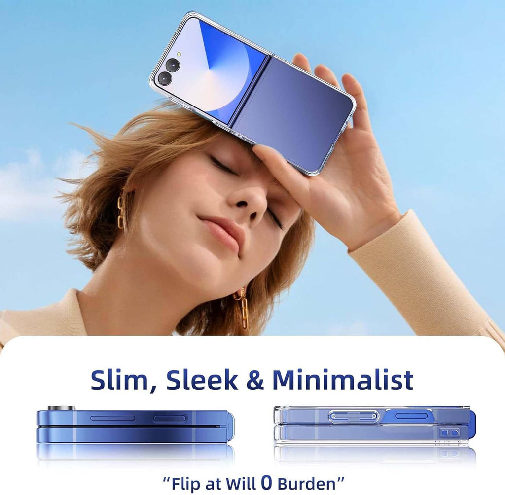 Transparent case on Galaxy Z Flip7 with screen protector, held in hand, blue folded display