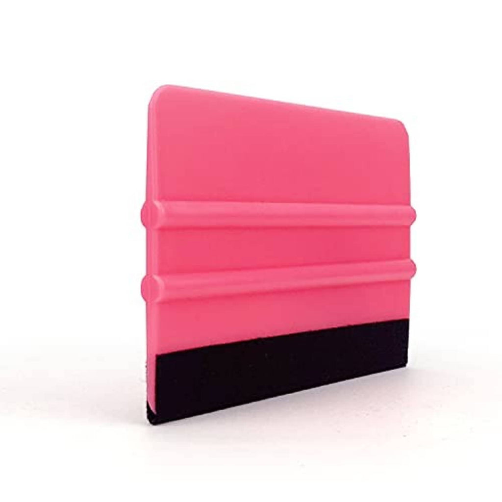 Pink vinyl squeegee tool with black felt edge, compact front view