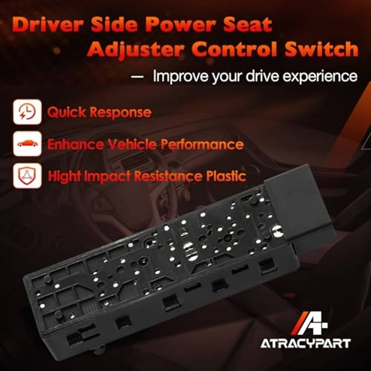 Power seat control switch underside panel with connector openings and terminals
