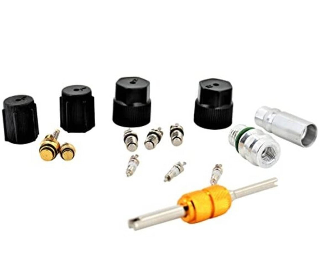 AC valve core kit with black caps, brass and silver fittings, and orange insertion tool