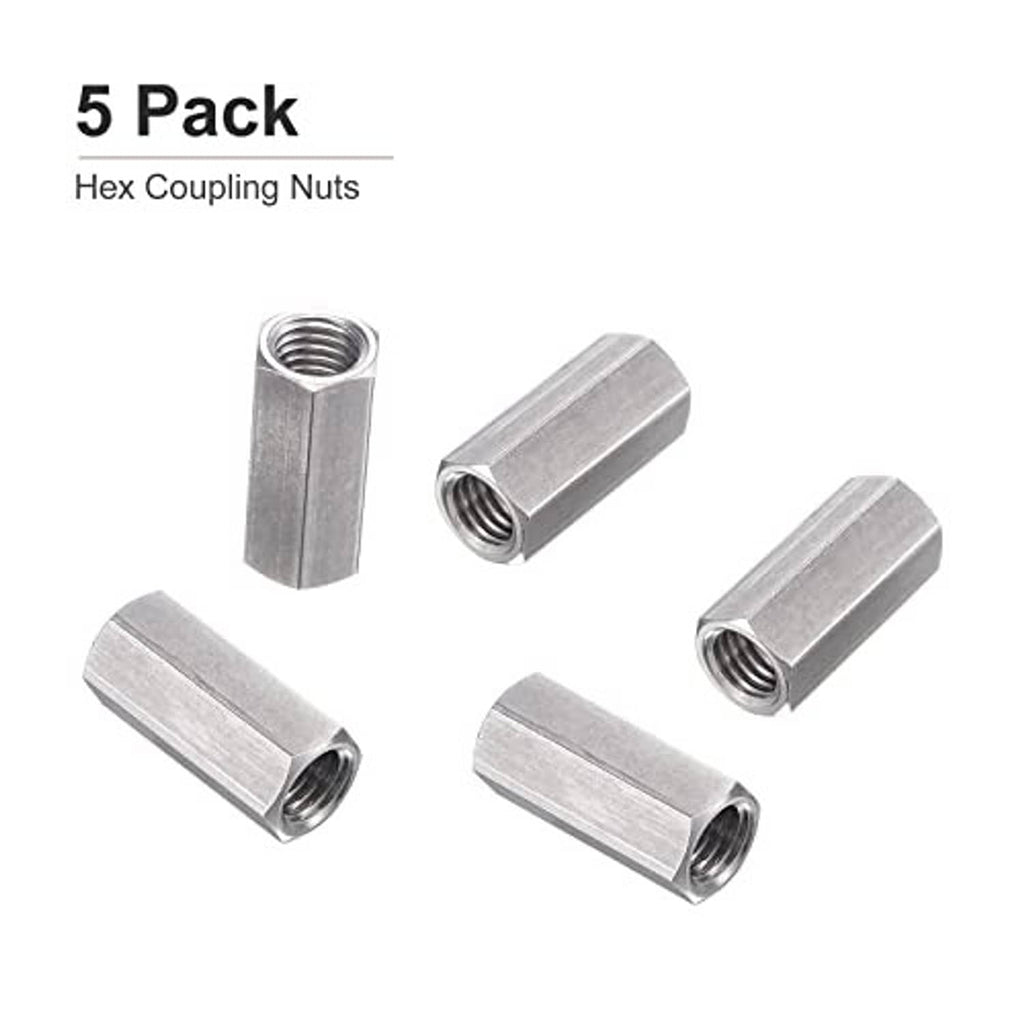 Five-pack of silver hex coupling nuts with internal threads and hex shape
