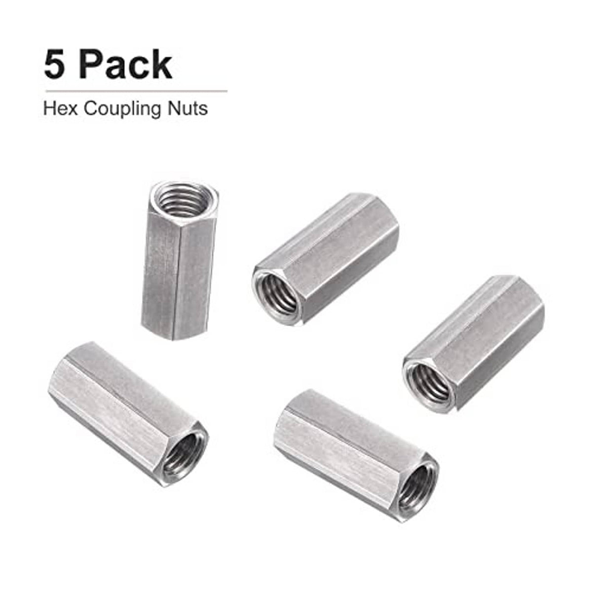 Five-pack of silver hex coupling nuts with internal threads and hex shape