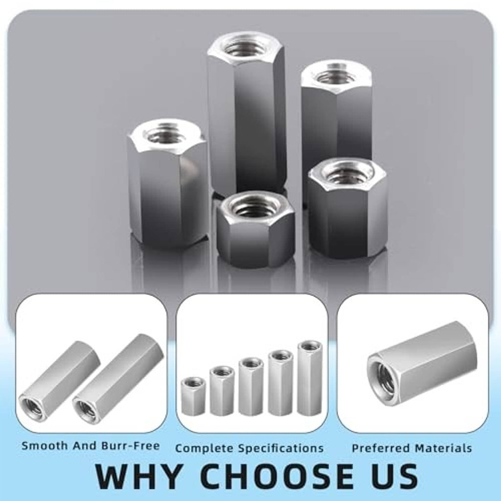 Stainless steel extended hex coupling nuts with threaded openings and smooth sides