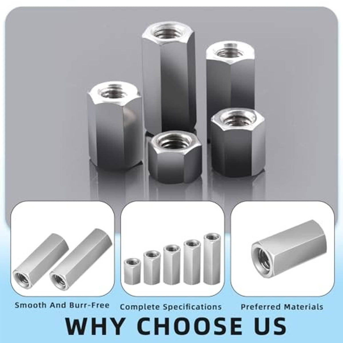 Stainless steel extended hex coupling nuts with threaded openings and smooth sides