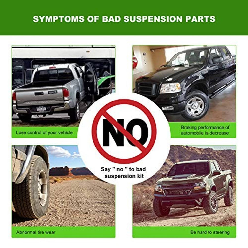 Suspension kit warning infographic with no symbol over car control and braking issues