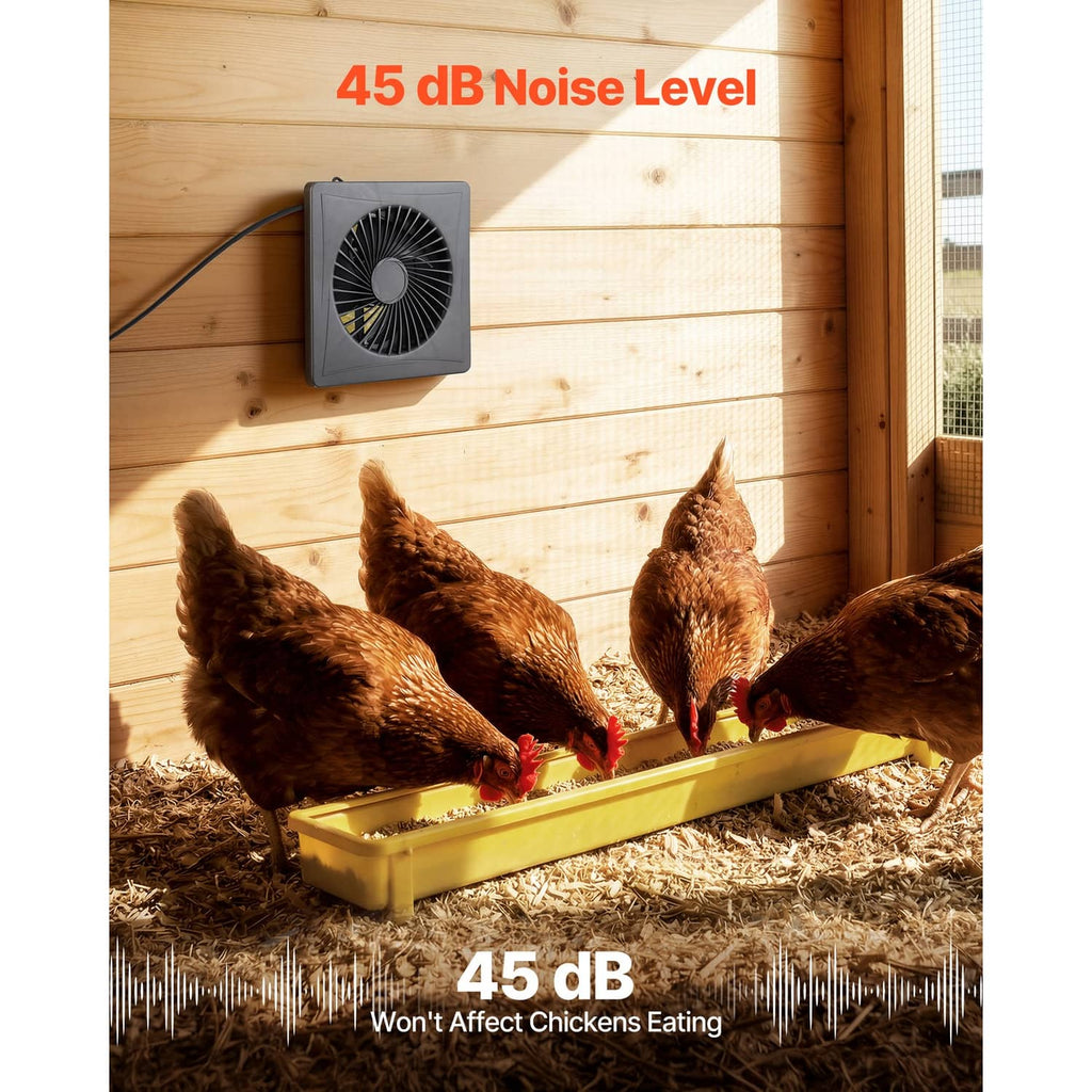 Solar ventilation fan on coop wall beside chickens with low-noise compact fan unit