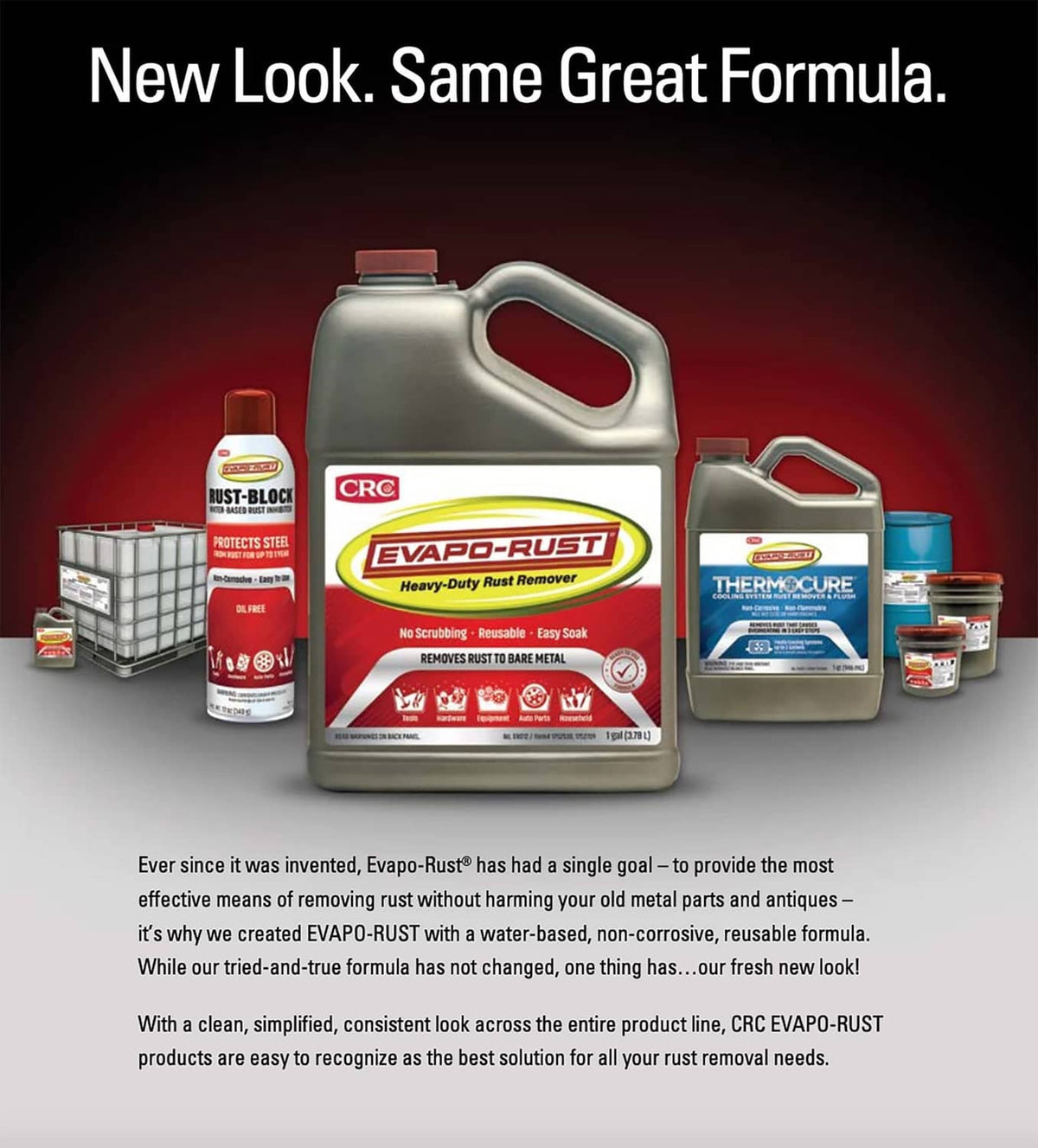 CRC Evapo-Rust rust remover lineup with large jug and smaller bottles