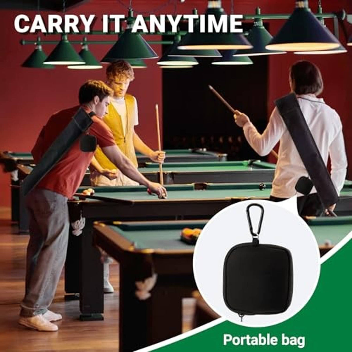 Black portable pool cue case with carry strap and compact zip accessory bag