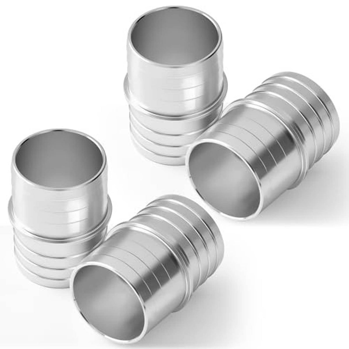 Four silver aluminum hose barb couplers with barbed ends and ridged sleeves