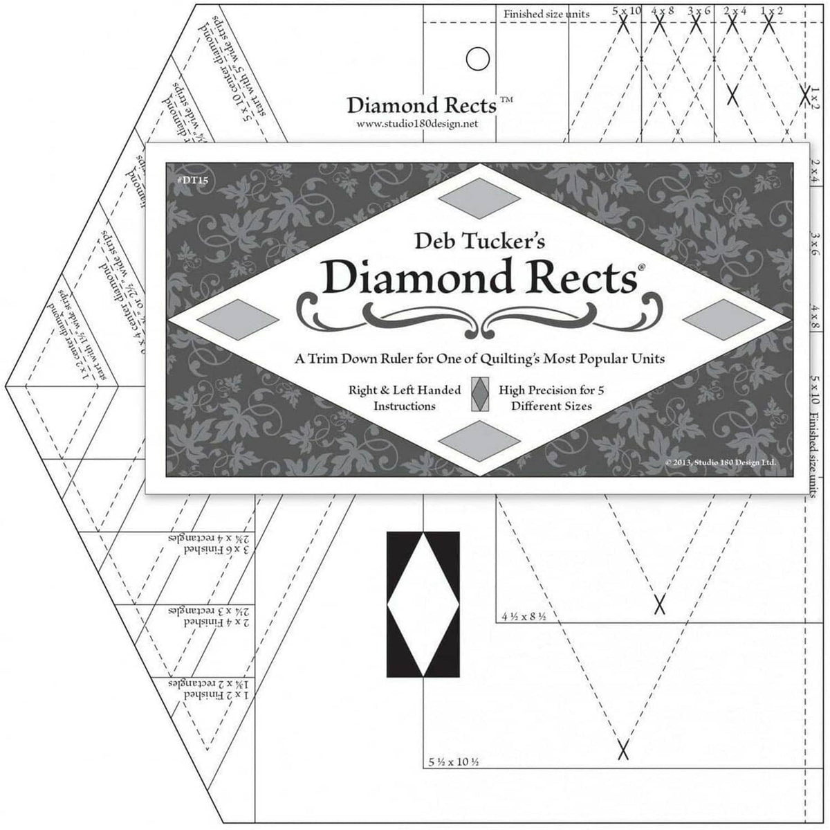 Quilting ruler template set with Diamond Rects packaging and diagram panels