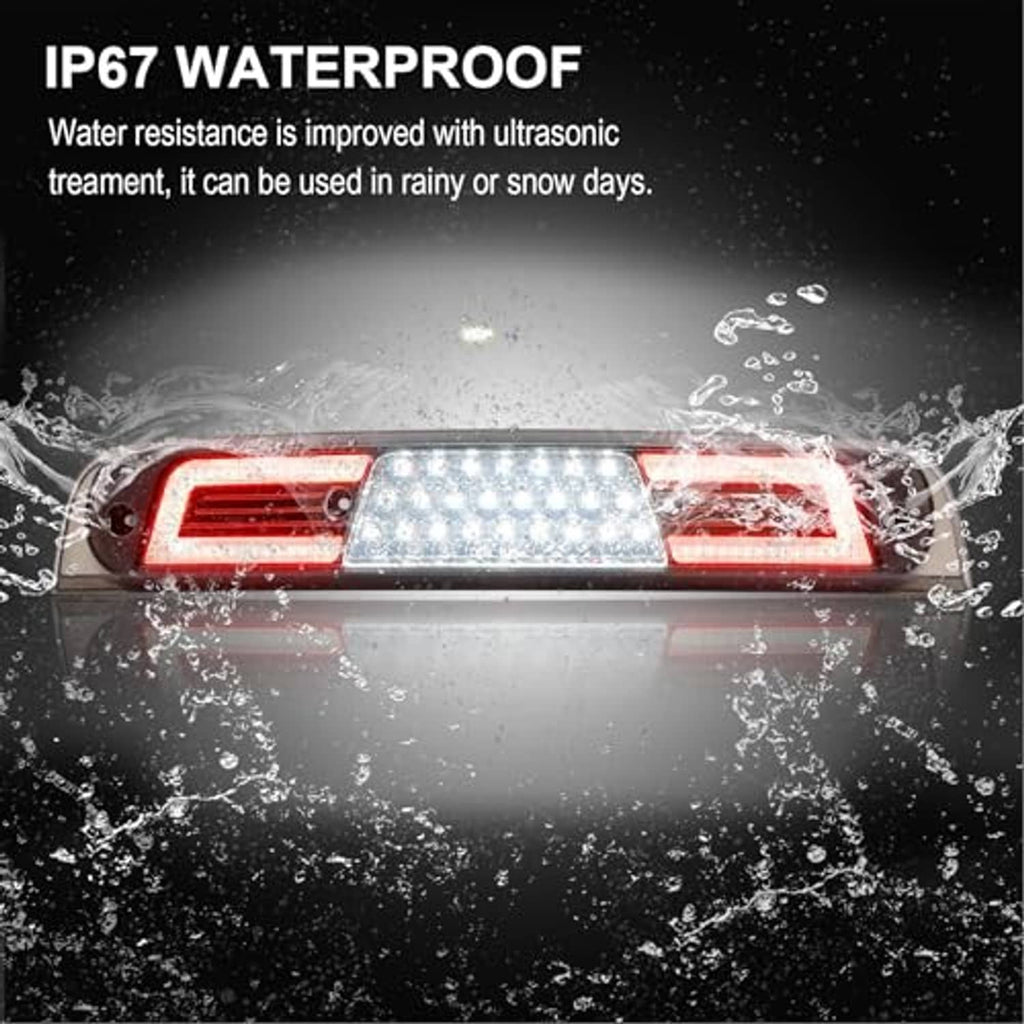 Smoked LED third brake light with water-splash protection, showing illuminated LED panel.