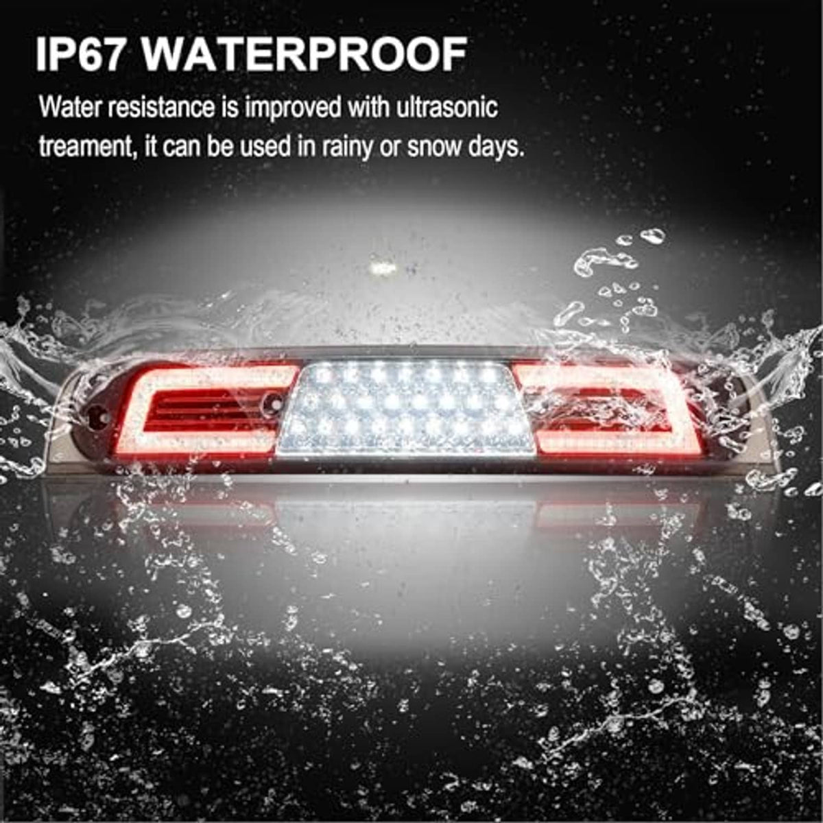Smoked LED third brake light with water-splash protection, showing illuminated LED panel.