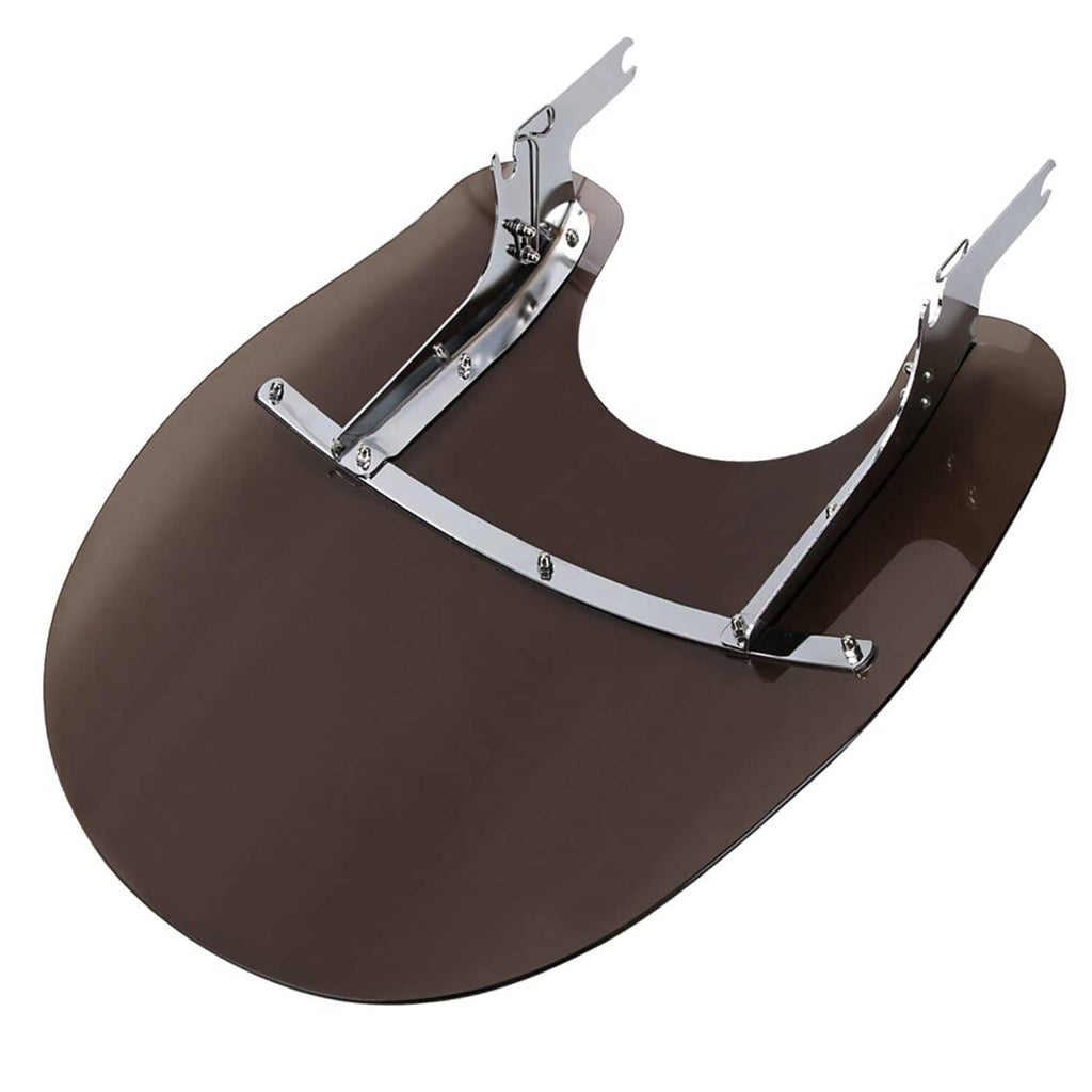 Dark tinted windshield with curved mounting base and two adjustable bracket arms
