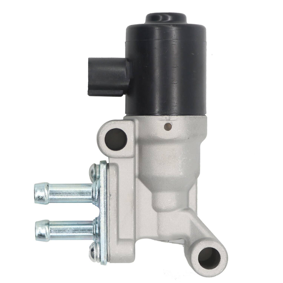 Idle air control valve with black actuator and silver housing, side ports and mounting bolts