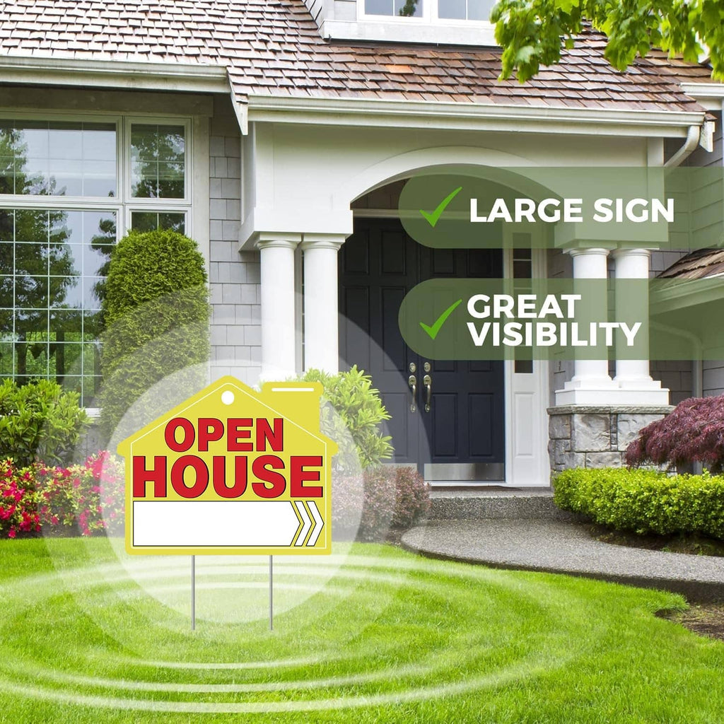 Open house yard sign on metal stake with red OPEN HOUSE text on yellow background