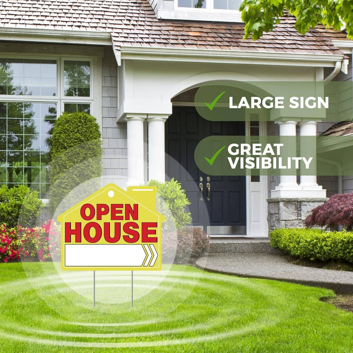 Open house yard sign on metal stake with red OPEN HOUSE text on yellow background