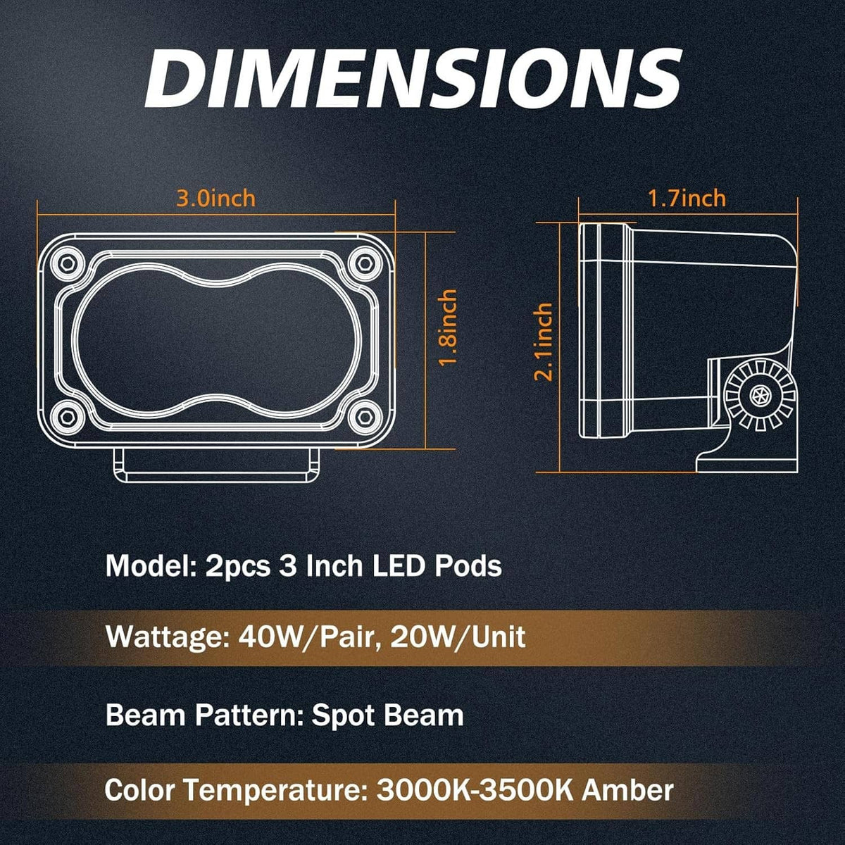 Amber 3-inch LED pod light diagram with black housing and mounting hardware