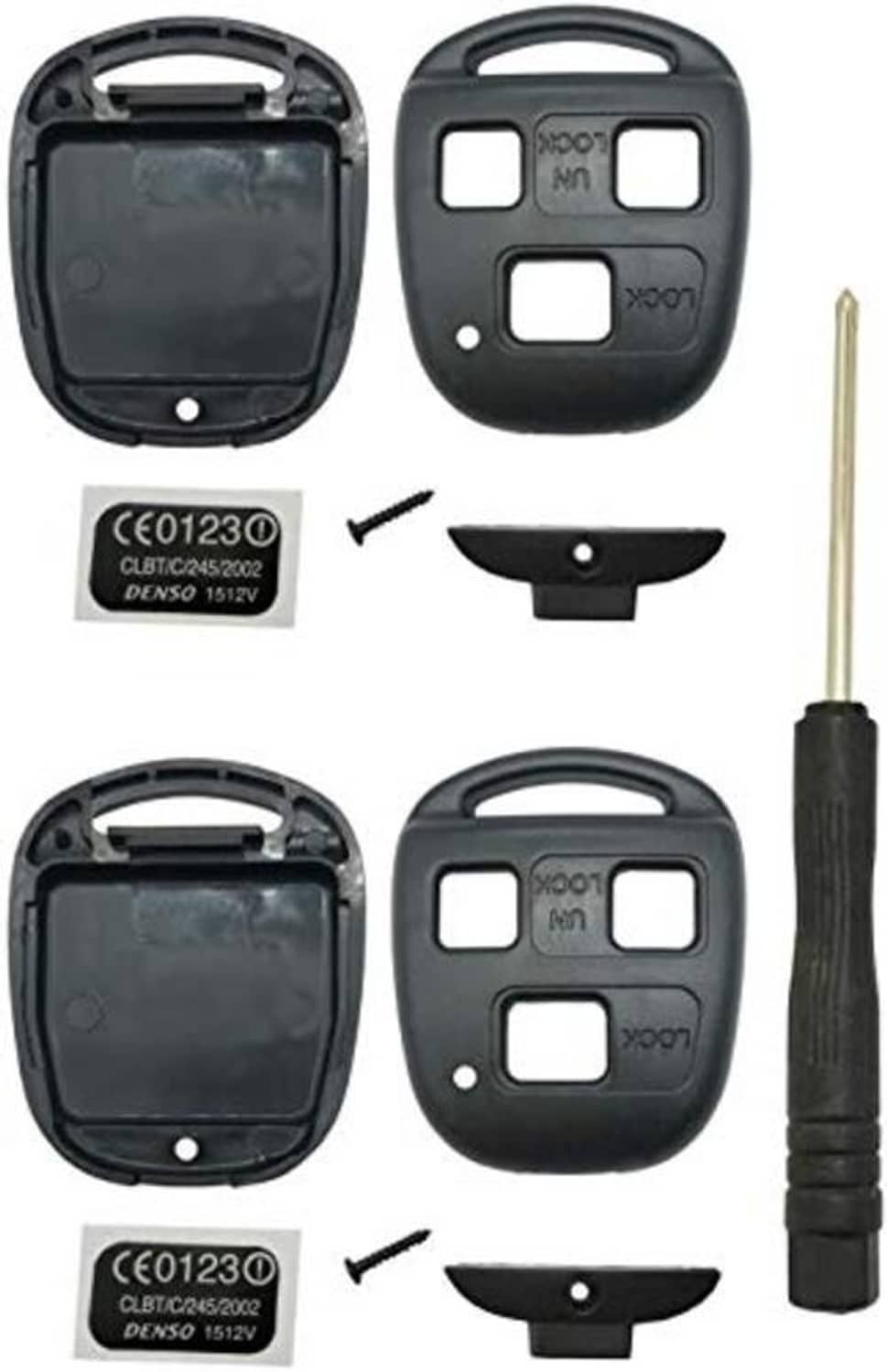Black key fob shell parts with transponder label, replacement insert, and metal key blade