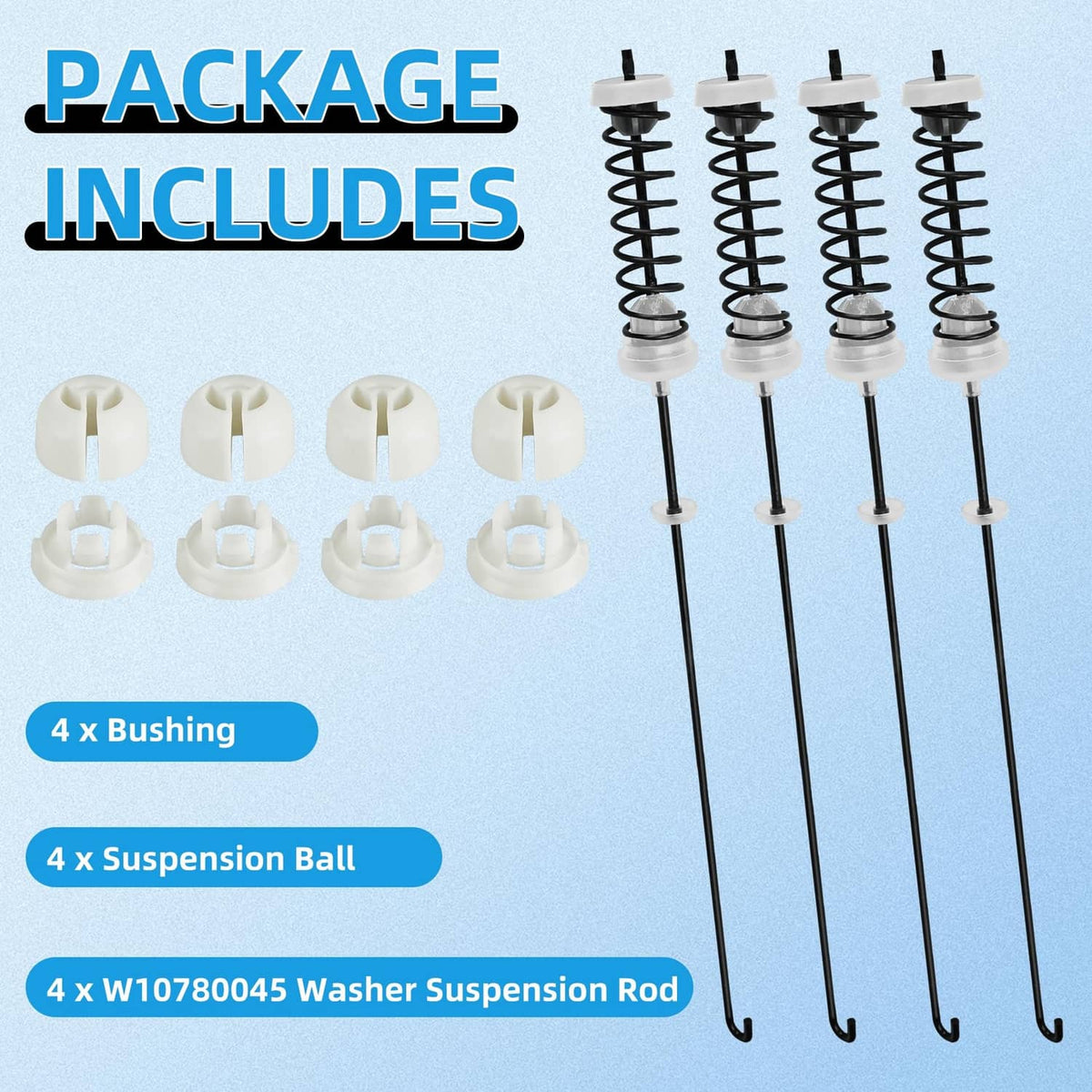 Washer suspension rod kit package includes four springs, rods, and four white bushings