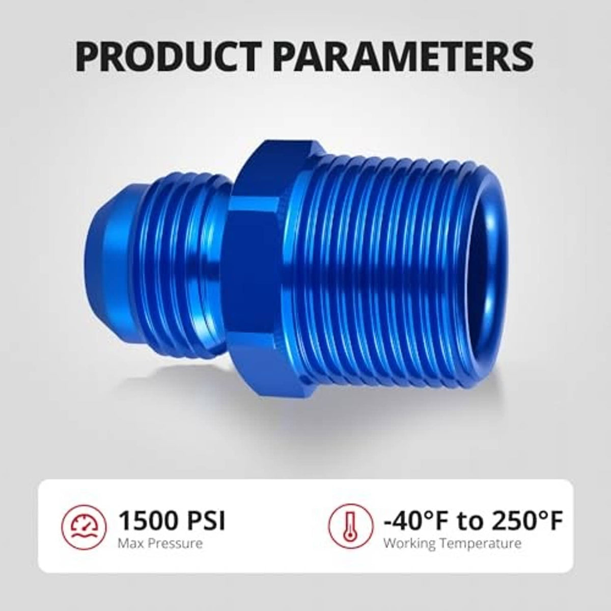 Blue straight flare adapter with hex body and two male threaded ends