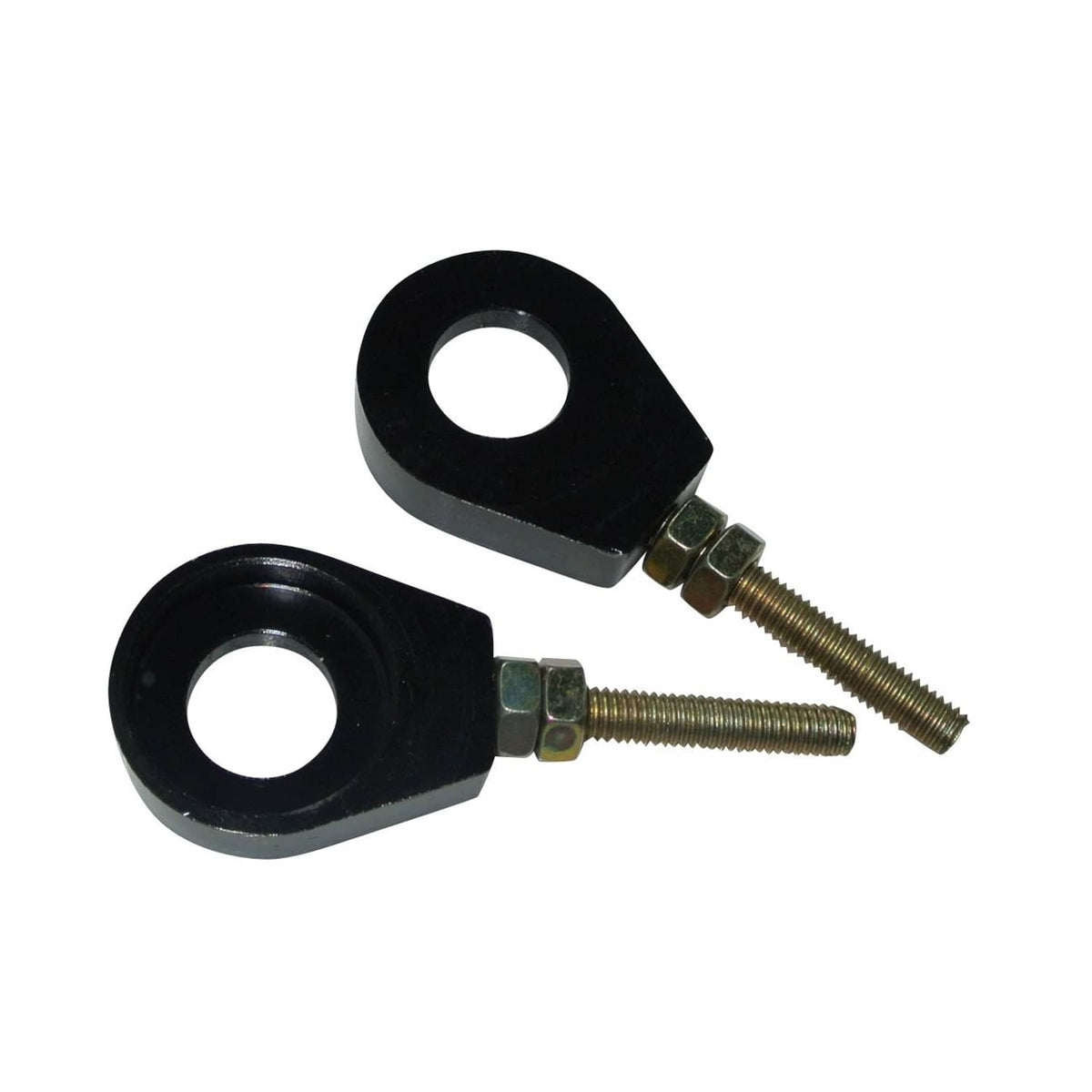 Black chain tensioner adjuster pair with two threaded bolts and hex nuts