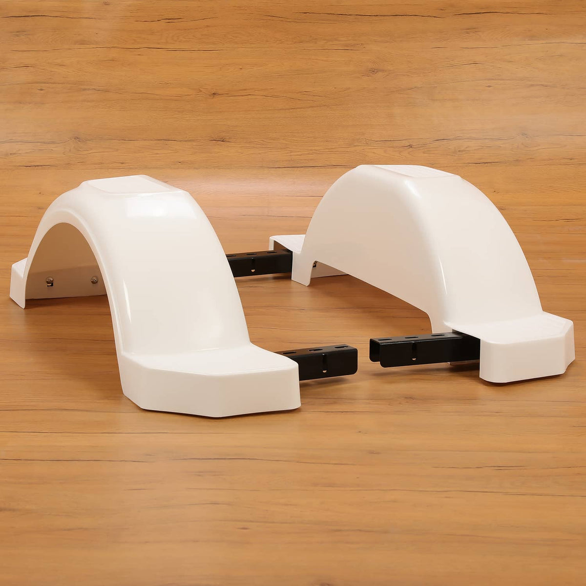 White trailer fenders pair for 13-inch wheels with black mounting hardware and base feet