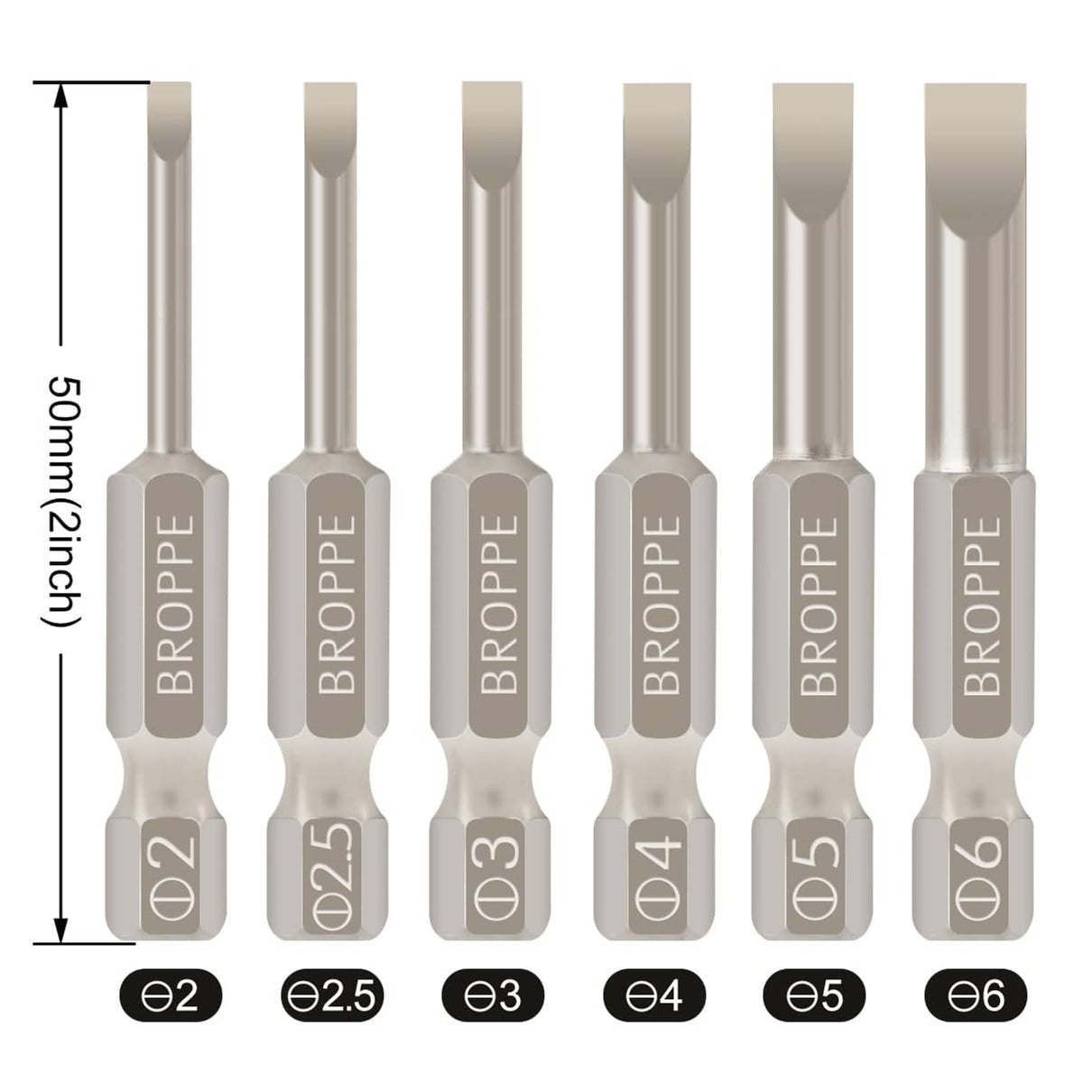 6 slotted screwdriver bits, silver, assorted sizes 2 to 6