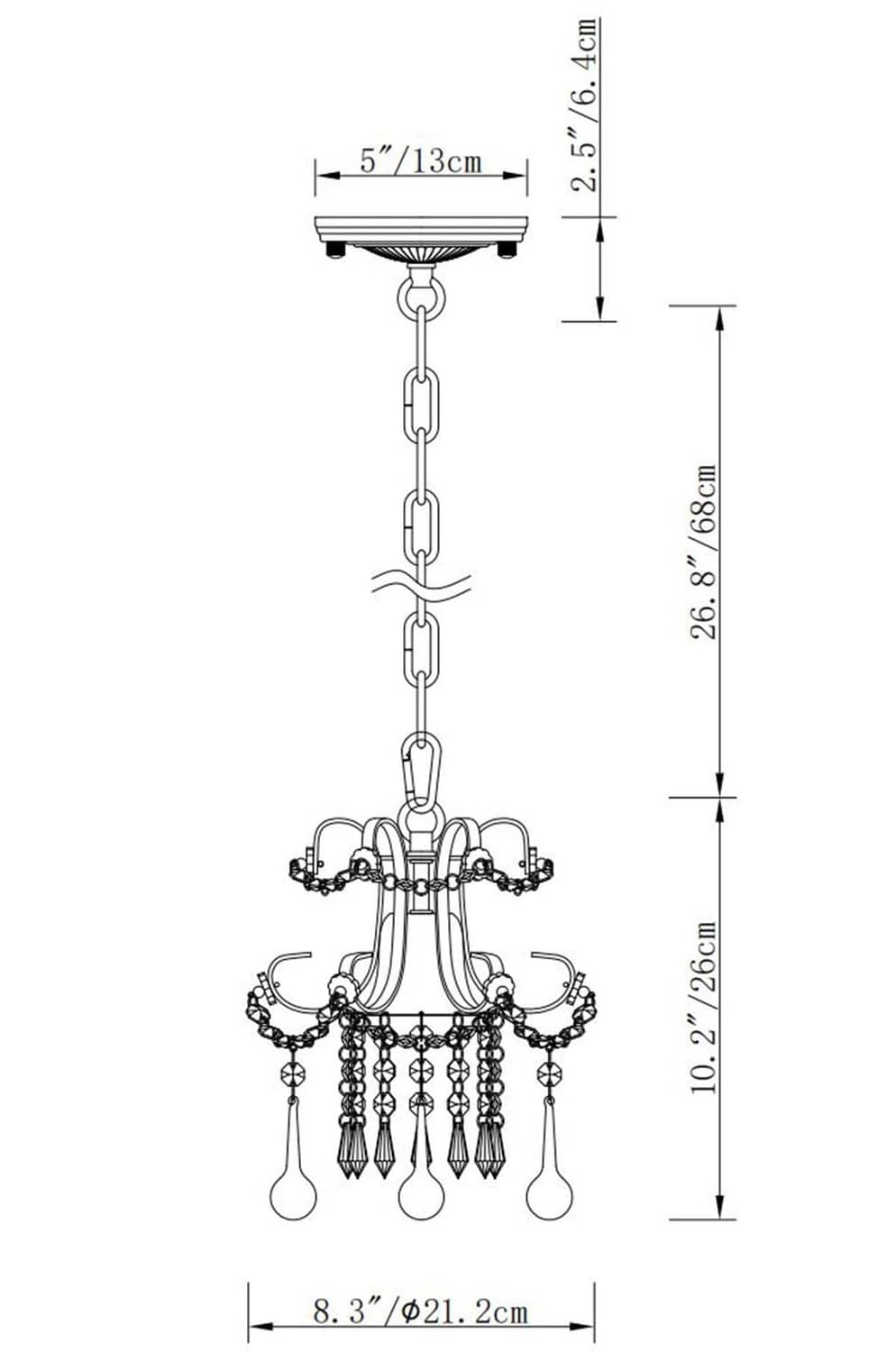 White crystal chandelier pendant light with metal frame and hanging crystal drops