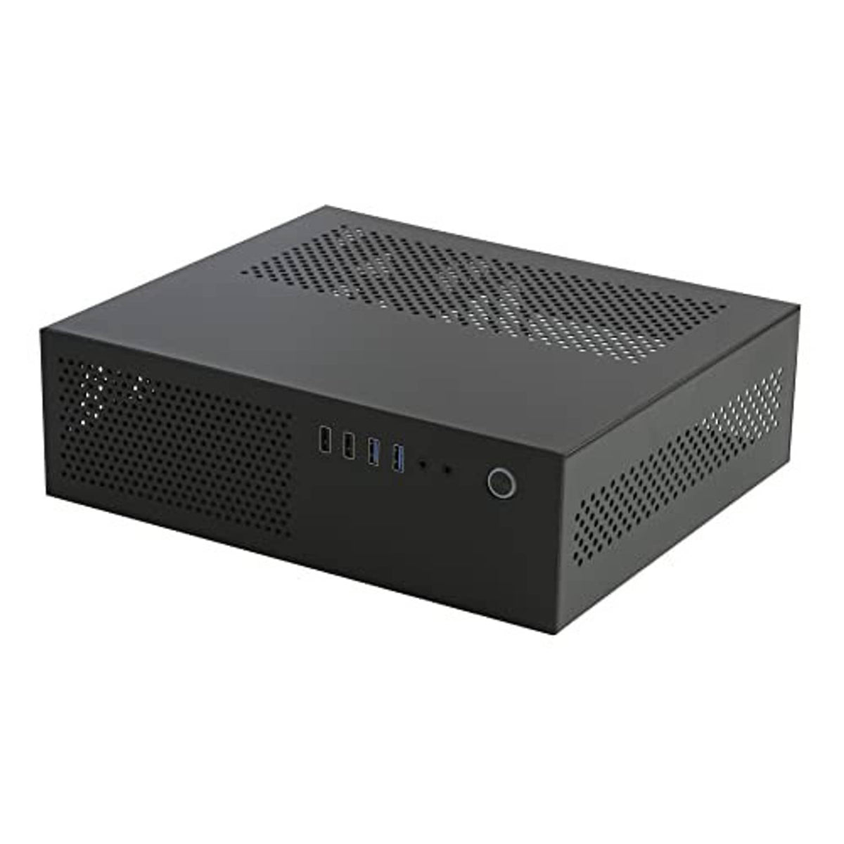 Black desktop PC case with vented sides, front I/O ports, and round power button