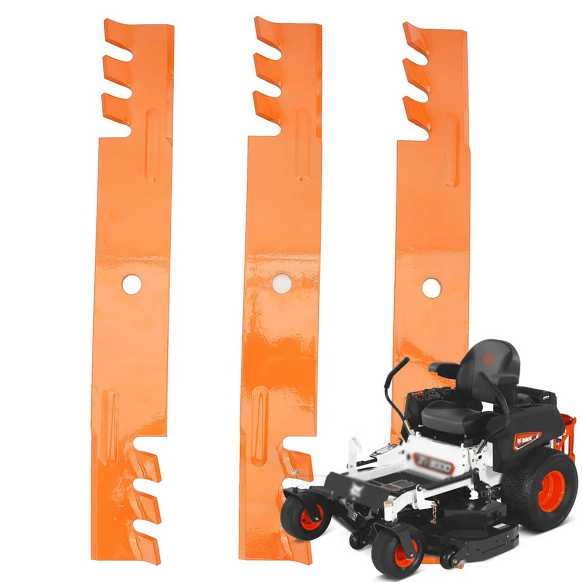 Three orange mower deck blades with round mounting holes and notched edges