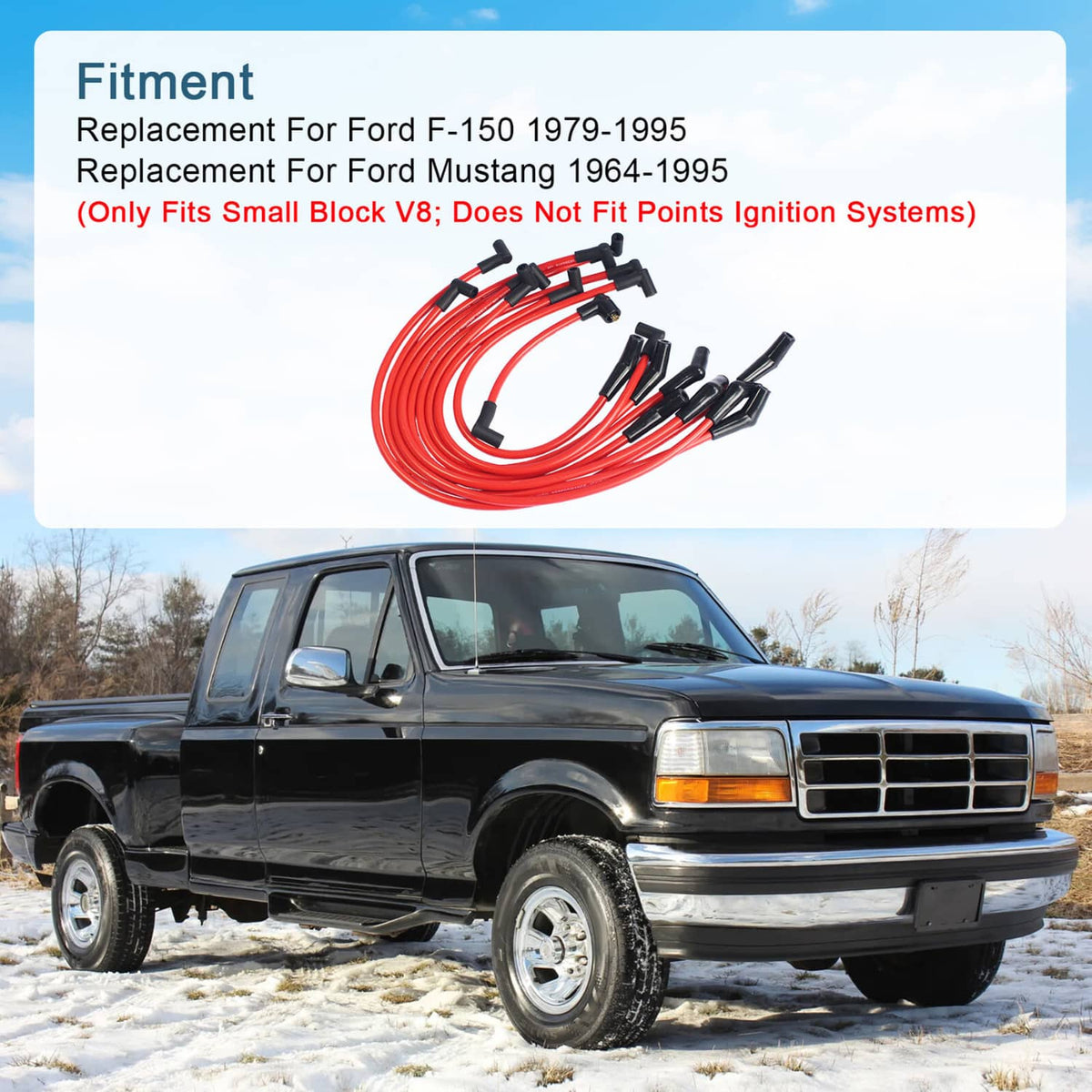 Red spark plug wire set with black ignition terminals, bundled for fitment