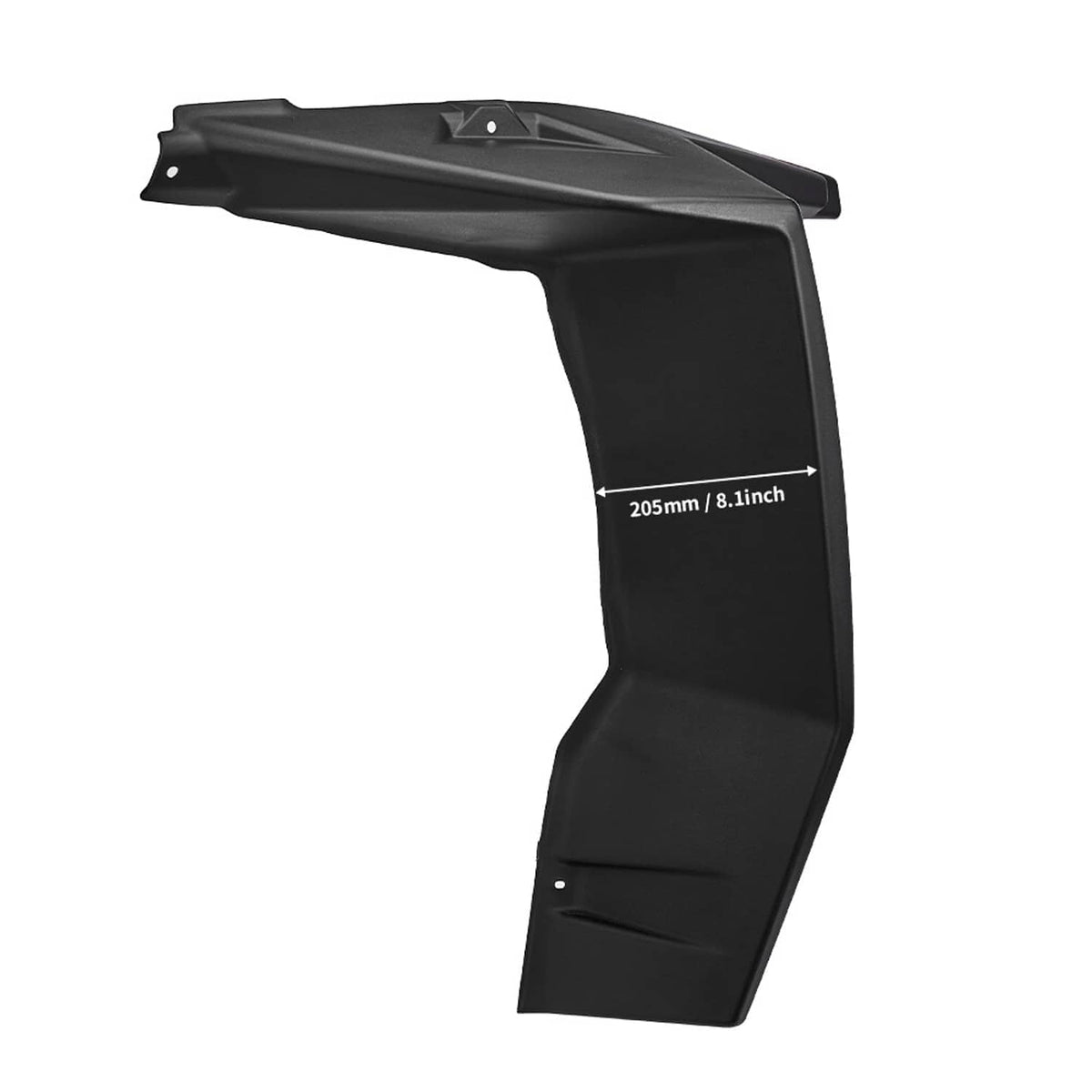 Front left fender flare, black plastic, 8.5 in, with mounting hole