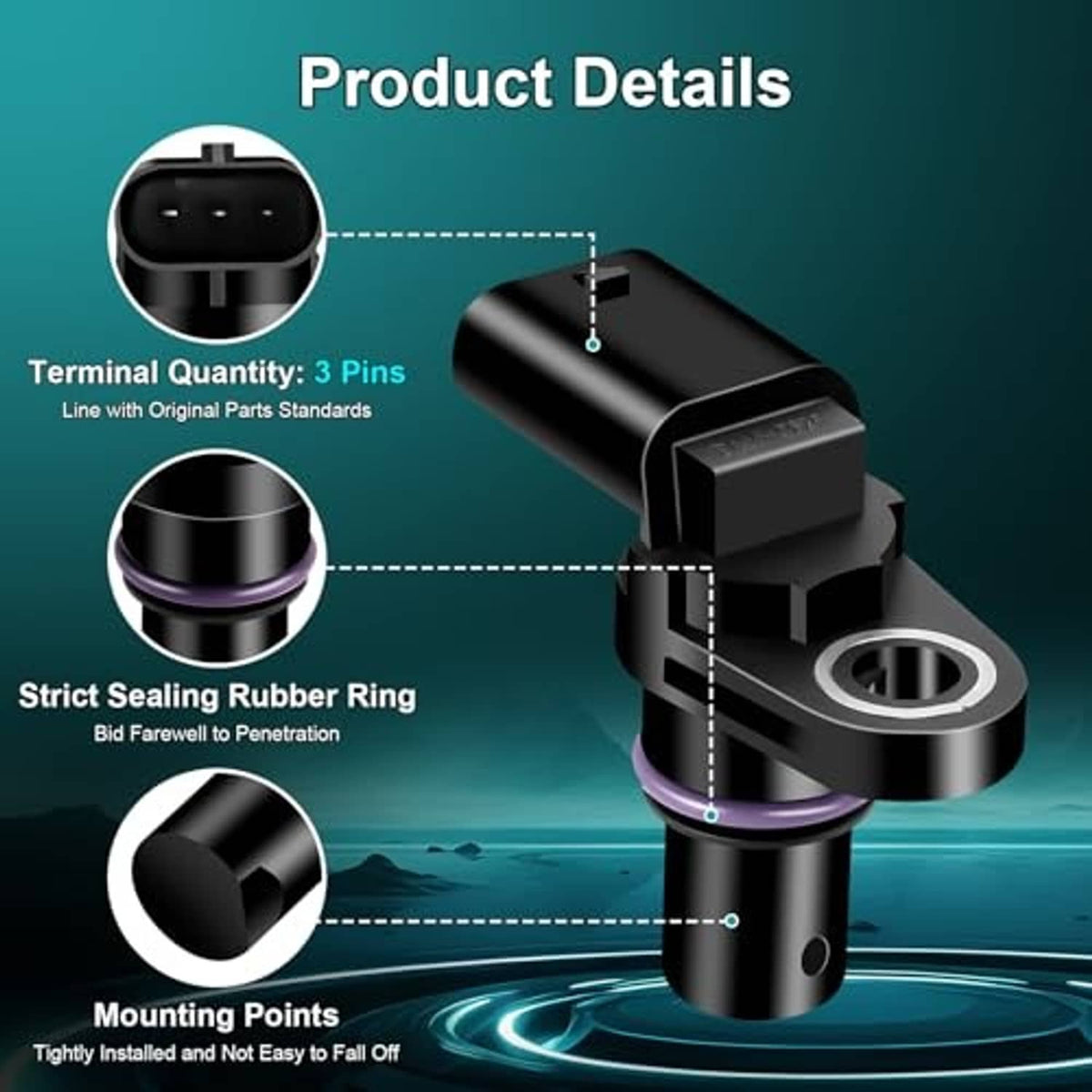 Camshaft position sensor product details with 3-pin terminal and sealing rubber ring