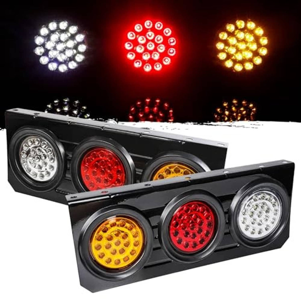 LED trailer tail light bar with round lenses lit in white, red, and amber
