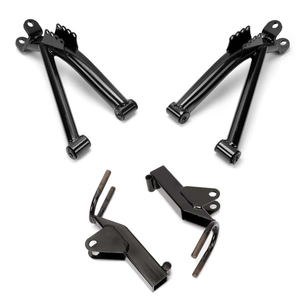 Black A-arm lift kit arms and lower mounting brackets with U-shaped tabs