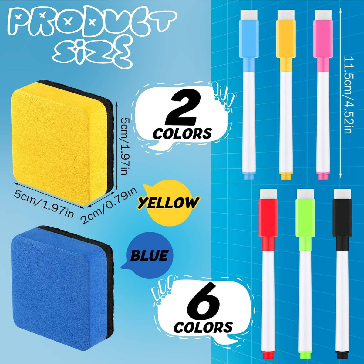 Magnetic dry-erase list board set with yellow and blue pads and six marker colors