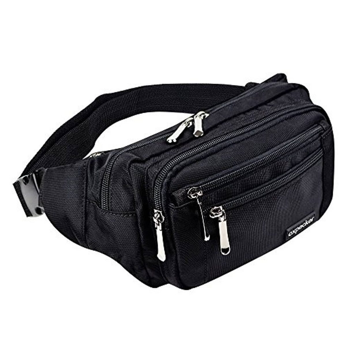 Black waist pack with adjustable strap, front zip pockets, and metal zipper pulls