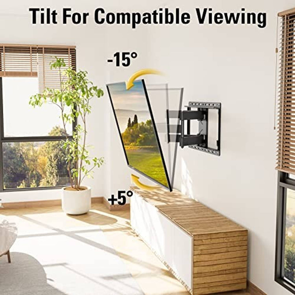 Black TV wall mount tilted on wall with adjustable viewing angle