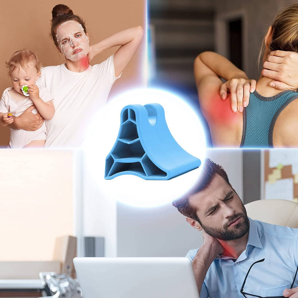 Blue cervical support tool placed under the head for neck traction and comfort.