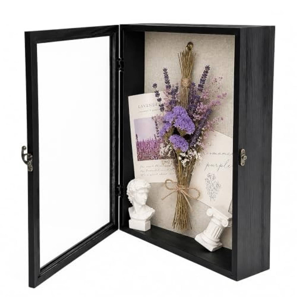 Black pine wood shadow box frame, open front with lavender bouquet, notes, and figurine