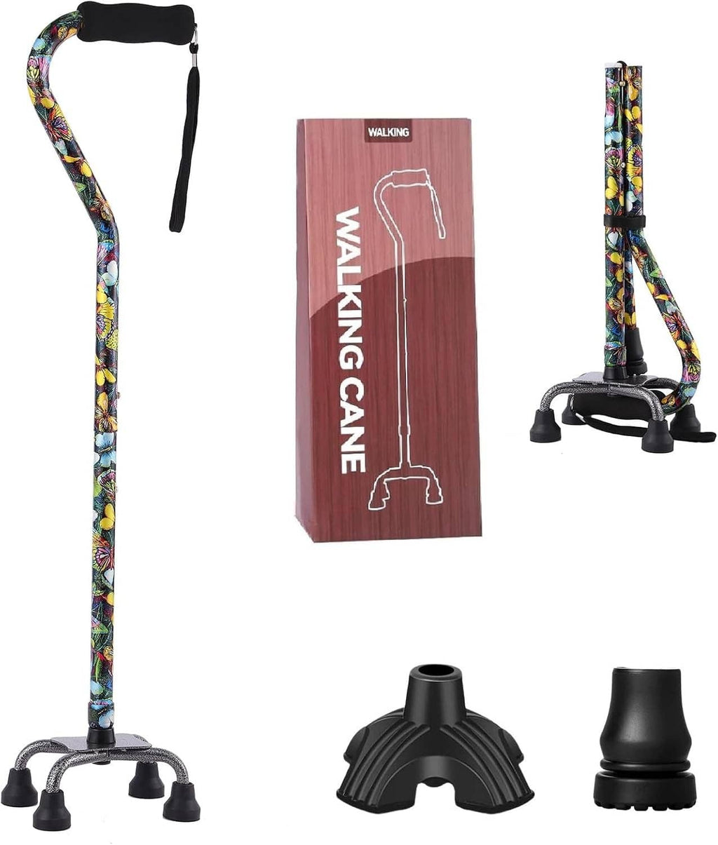 Floral quad walking cane with included parts: base pads and black replacement tips