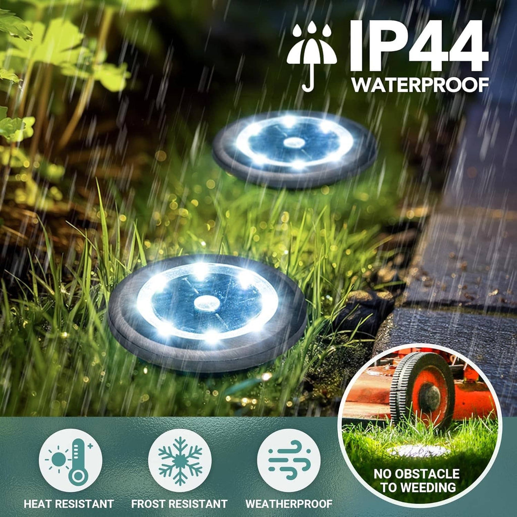 Mini solar ground lights, cool white, round disk lights with water-splash effect