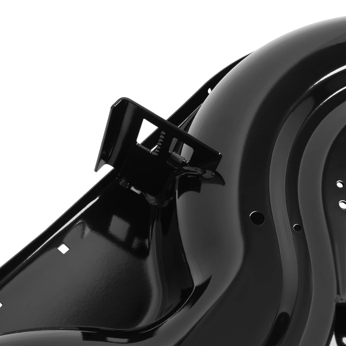 Close-up of black cutting deck edge with mounting bracket and support hardware