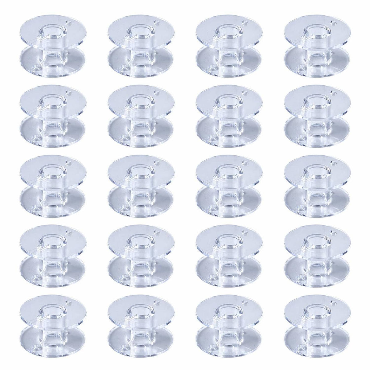 Transparent plastic sewing machine bobbin spools, round design—20 pack