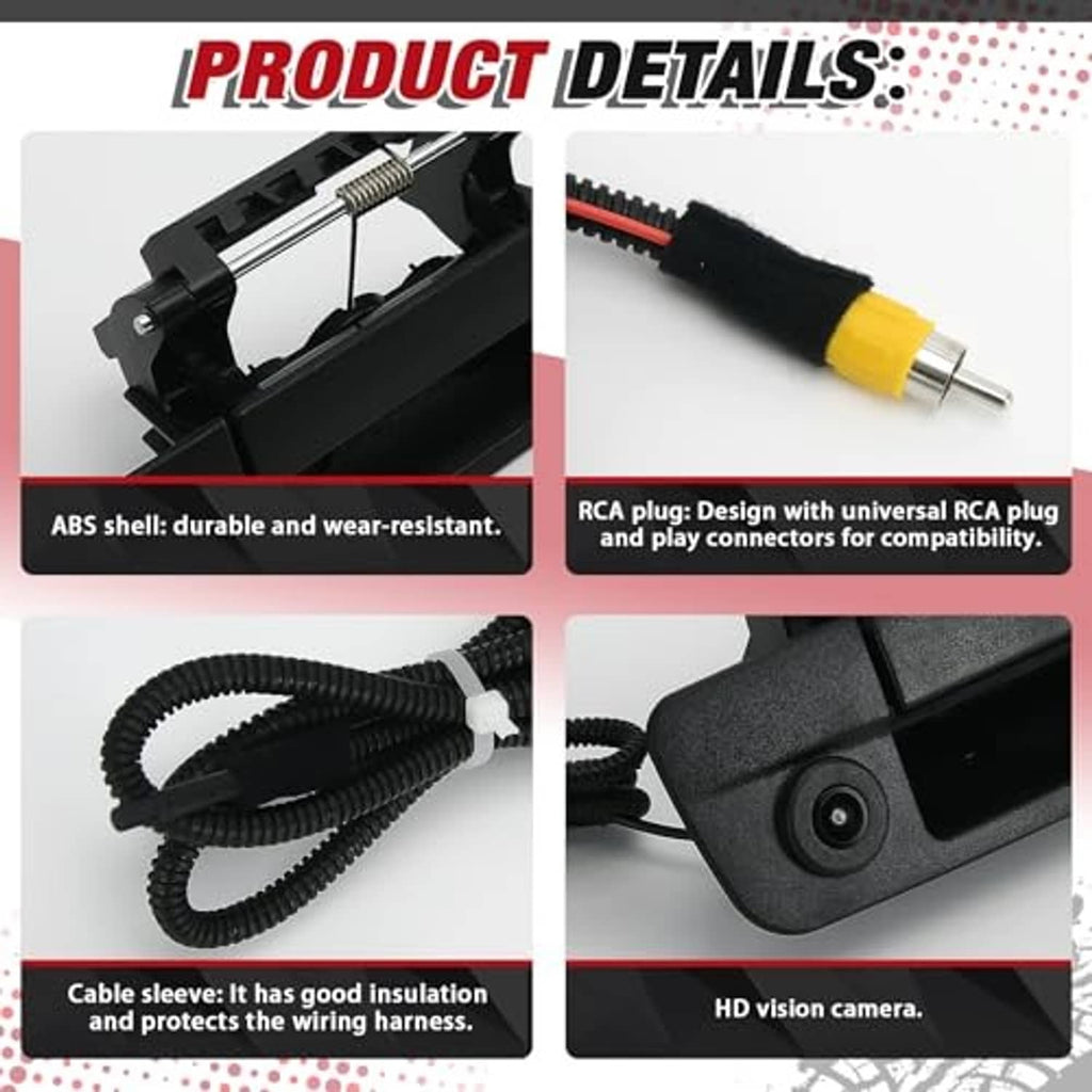 Rear tailgate handle camera wiring with RCA plug and camera lens