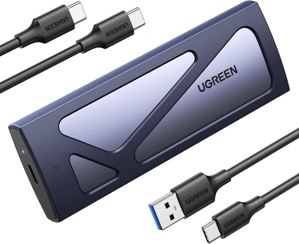 UGREEN blue M.2 NVMe SSD enclosure with USB-C cable and USB-A connector