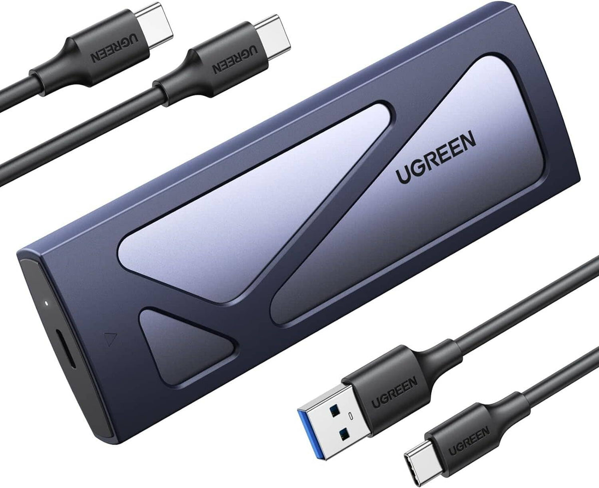 UGREEN blue M.2 NVMe SSD enclosure with USB-C cable and USB-A connector